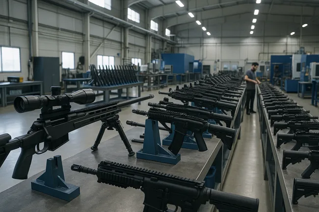 Representative image of an Indian private-sector small arms manufacturing unit, depicting modular assault rifle assembly, sniper rifle calibration setups, and automated production lines—reflecting the industrial capabilities emerging from firms like SSS Defence.