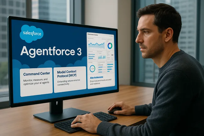 Representative image of a Salesforce user interacting with the Agentforce 3 platform, showcasing observability dashboards and MCP-based AI agent integration in an enterprise environment.