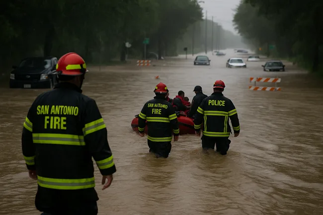 Representative image of San Antonio first responders conducting high-water rescues after record-breaking flash floods overwhelmed streets and swept vehicles into Beitel Creek.