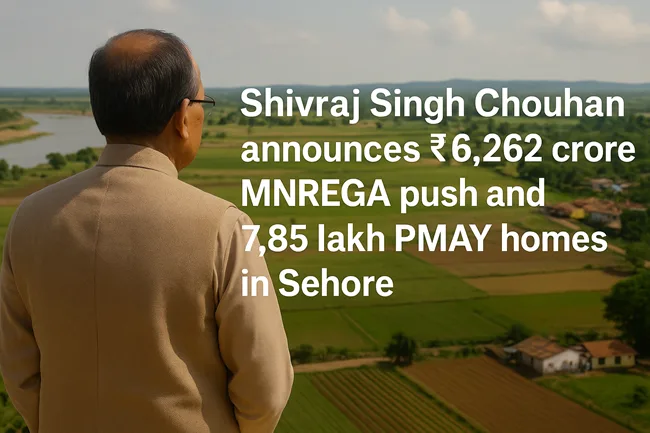 Representative image of Union Minister Shivraj Singh Chouhan overlooking rural Sehore, where he announced ₹6,262 crore MNREGA funding and 7.85 lakh new PMAY homes as part of India’s Viksit Bharat 2047 roadmap.