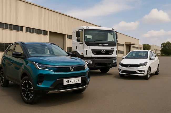 Representative image of Tata Motors’ diverse vehicle lineup—featuring the Nexon.ev, Prima truck, and compact sedan—showcased outside a manufacturing facility, reflecting the brand’s broad reach across electric, commercial, and passenger mobility segments.