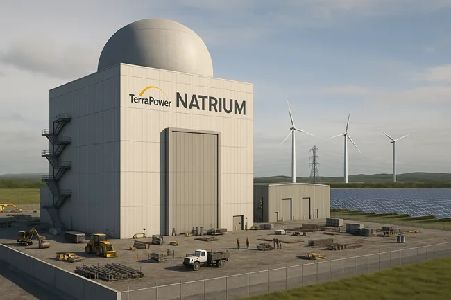 Representative image of TerraPower’s Natrium reactor construction site, showcasing integration with wind and solar infrastructure for 2040 clean energy goals