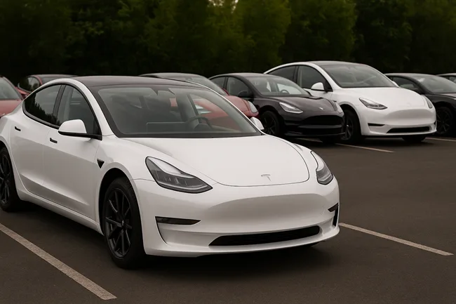 Representative image: Tesla Model 3 and Model Y vehicles parked in Europe, as the company sees falling sales across key markets in May 2025—except in Norway.