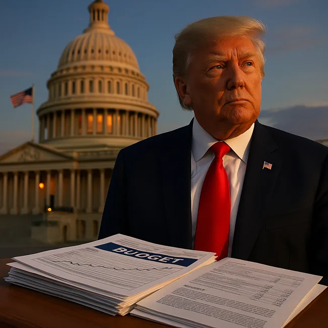 Representative image of President Donald Trump with budget documents in front of the U.S. Capitol, symbolizing the fiscal policy goals outlined in the One Big Beautiful Bill.