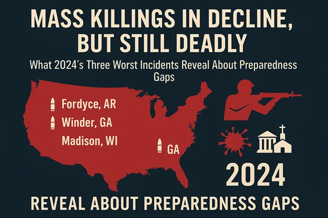 Infographic highlighting the three deadliest U.S. mass killings of 2024—in Fordyce, Arkansas; Winder, Georgia; and Madison, Wisconsin—underscoring persistent preparedness gaps despite a national decline in active shooter incidents.