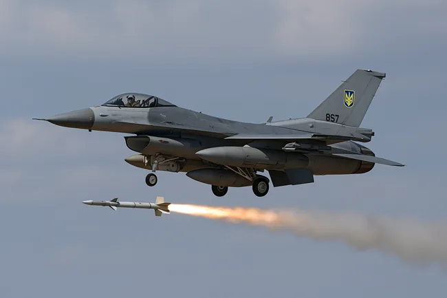 Representative image : A Ukrainian F-16 launches a missile during a defensive sortie—mirroring the high-stakes air response during Russia’s largest drone and missile strike of the war.