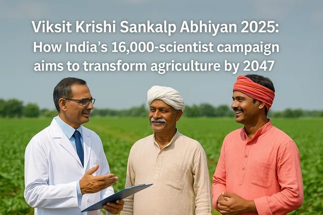 Representative image of Indian agricultural scientist interacting with rural farmers under the Viksit Krishi Sankalp Abhiyan 2025, a national outreach to transform farming through scientific guidance and field-level engagement.