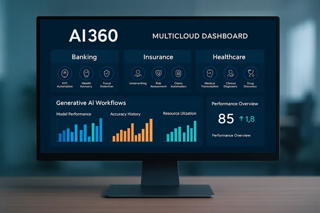 Representative image of a multicloud AI360 dashboard displaying genAI workflows for banking, insurance, and healthcare transformation.
