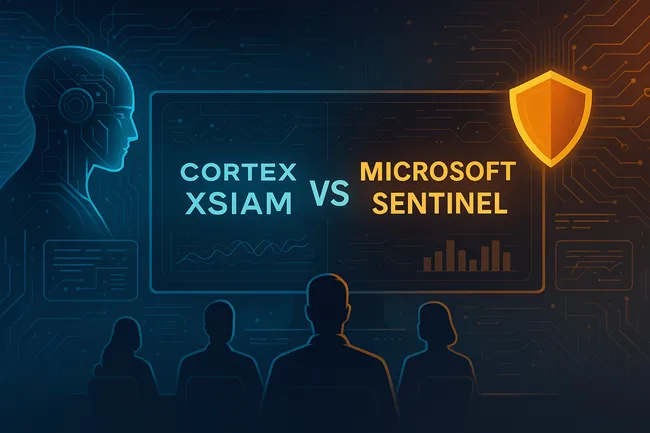 Cortex XSIAM and Microsoft Sentinel illustrated as competing AI-native SOC platforms shaping the future of cybersecurity operations in the age of autonomous threats.