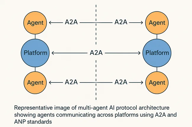 Representative image of agent-to-agent communication architecture illustrating how A2A and ANP protocols enable interoperability between AI agents across enterprise platforms.