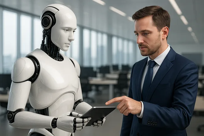Representative image of a corporate professional interacting with an AI-powered robot assistant, symbolizing the evolving role of white-collar workers in automation-driven enterprise environments.
