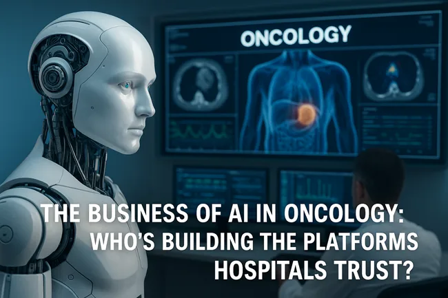 A humanoid AI system and an oncologist work in parallel within a high-tech cancer diagnostics room, highlighting the growing role of AI platforms in modern oncology.