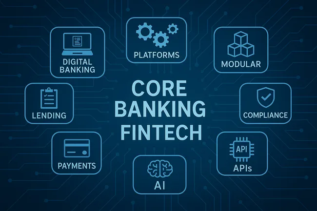 Representative image of core banking fintech platforms emphasizing modular architecture, digital lending, compliance, and AI-driven APIs