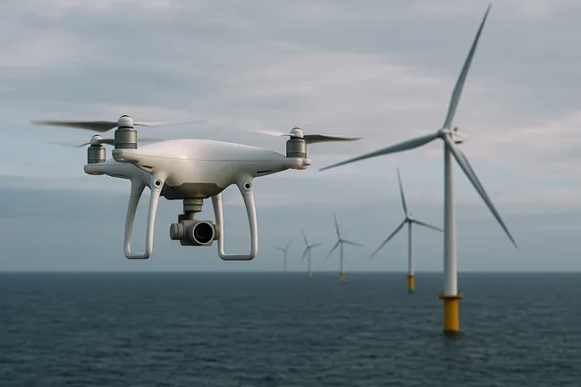A representative image of drone-based predictive maintenance over an offshore wind farm, reflecting 2025 advancements at Ørsted’s West of Duddon Sands site in the Irish Sea.
