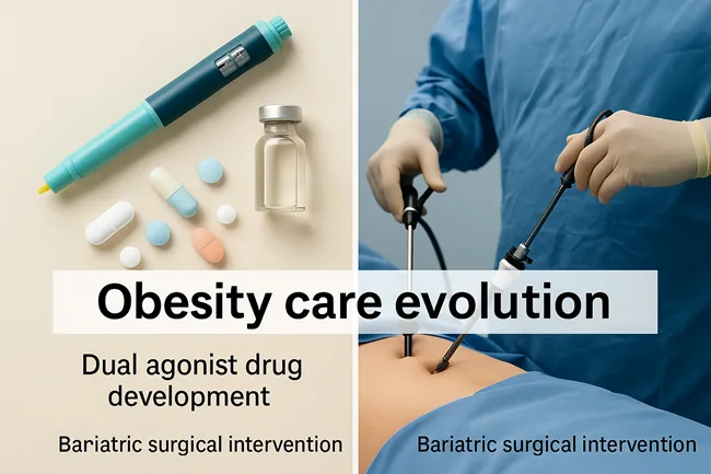 Representative image of obesity care evolution, contrasting dual agonist drug development with bariatric surgical intervention