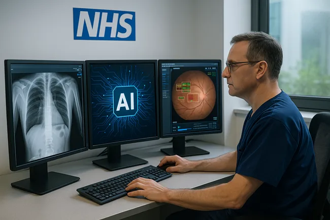 Representative image of an NHS radiologist using AI-assisted diagnostic tools for chest X-ray and eye scan analysis, part of the UK’s healthcare digital transformation in 2025.