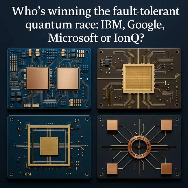 Representative image of quantum processor architectures from IBM, Google, Microsoft, and IonQ—each pursuing fault-tolerant computing through distinct hardware strategies in the global quantum technology race.