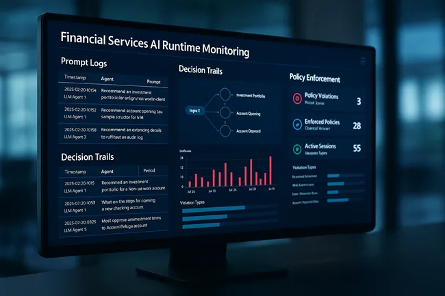 Representative image of financial services AI runtime monitoring dashboard showing prompt logs, decision trails, and policy enforcement in a bank environment.