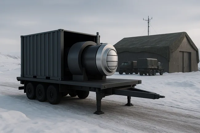 Representative image of a mobile microreactor stationed at a forward operating base, illustrating its potential role in off-grid defense and Arctic energy resilience.