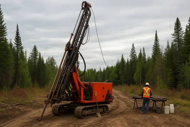 Representative image of a drill rig operating in a forested clearing, as Makenita Resources begins its maiden drilling campaign at the historic Hector Silver-Cobalt Project in Ontario.