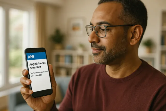 Representative image of an NHS patient receiving an appointment reminder via the NHS App, highlighting the role of digital engagement in reducing missed appointments.