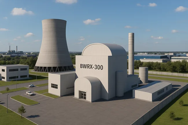 Representative image of the planned modular SMR site in Poland featuring modern BWRX‑300 infrastructure and contextual industrial surroundings.