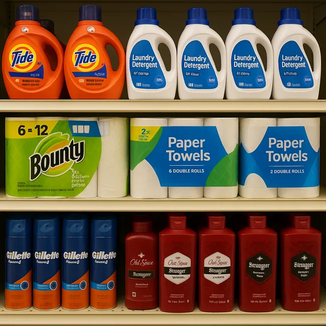 Representative image of a supermarket shelf displaying national brands like Tide, Bounty, Gillette, and Old Spice alongside competing private-label products, highlighting the growing consumer shift toward store-brand alternatives in 2025.