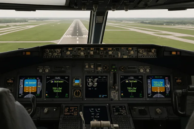 Representative image of a commercial aircraft cockpit displaying runway alert warnings during final approach, highlighting the use of predictive safety systems like SmartRunway
