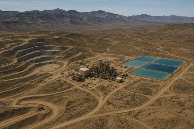 Aerial view of a large-scale sedimentary lithium mining complex in the U.S. Southwest, featuring terraced open-pit benches, industrial processing facilities, and evaporation ponds — representative of emerging lithium-boron operations like Rhyolite Ridge and Thacker Pass.