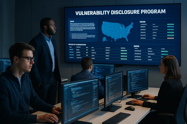 Representative image of cybersecurity analysts managing a real-time vulnerability disclosure program, ensuring rapid triage and compliance under 2025 regulatory frameworks.