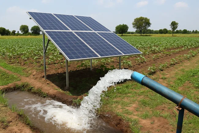 Solar-powered water pump irrigating farmland in rural India, representing Crompton Greaves Consumer Electricals Limited’s renewable energy deployment under the PM-KUSUM scheme.