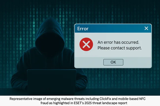 A visual representation of ClickFix-style fake error attacks and digital fraud vectors, which dominated ESET’s H1 2025 cybersecurity threat landscape.