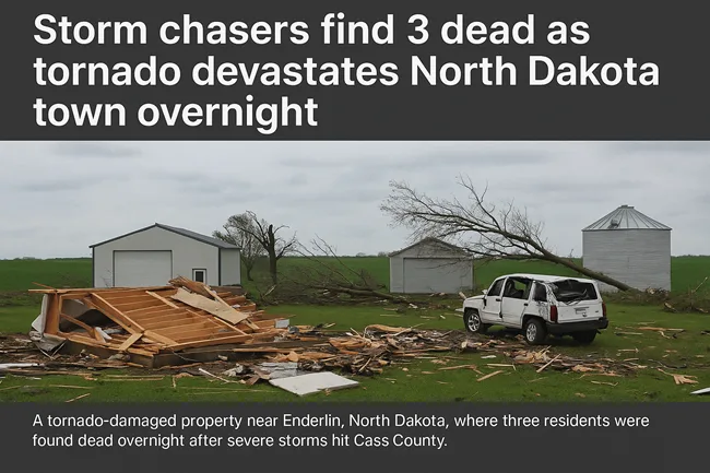 Representative image of a tornado-damaged property near Enderlin, North Dakota, where three residents were found dead overnight after severe storms hit Cass County.