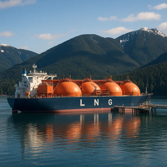 Representative image of LNG vessel docked in British Columbia, symbolizing Canada’s emerging feedstock advantage via AECO pricing