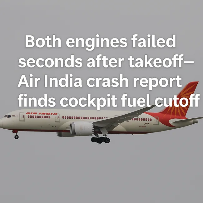 Air India Flight AI171 lost both engines seconds after takeoff as cockpit fuel switches were manually cut off, triggering a fatal crash near Ahmedabad.