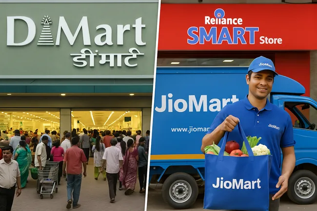 Representative image comparing India’s top grocery retailers—DMart’s high-traffic offline store and JioMart’s delivery-first model under Reliance Retail