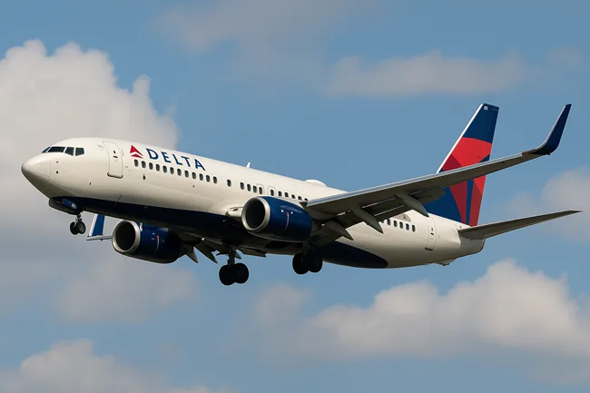 Representative image of a Delta Air Lines aircraft in flight, reflecting the airline’s premium travel focus and operational momentum following strong Q2 2025 results