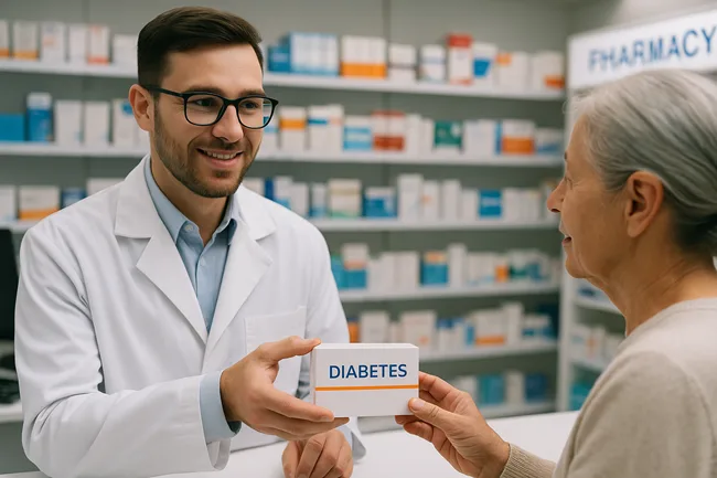 Representative image of a pharmacist handing diabetes medication to a patient, reflecting Emcure Pharmaceuticals’ push to expand Sanofi India’s oral anti-diabetic drug reach across India.