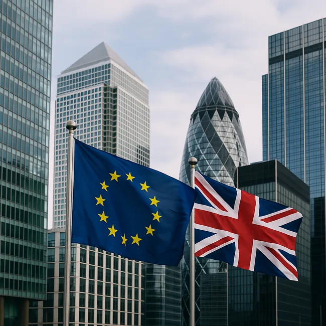 Representative image of EU and UK flags in London’s financial district, symbolising post-Brexit regulatory divergence and trading desk realignment