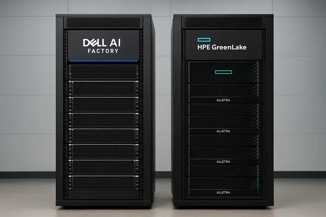 A high-resolution enterprise datacenter visual comparing HPE GreenLake and Dell AI Factory deployments, reflecting the competitive race to dominate hybrid AI infrastructure in the NVIDIA Blackwell GPU era.