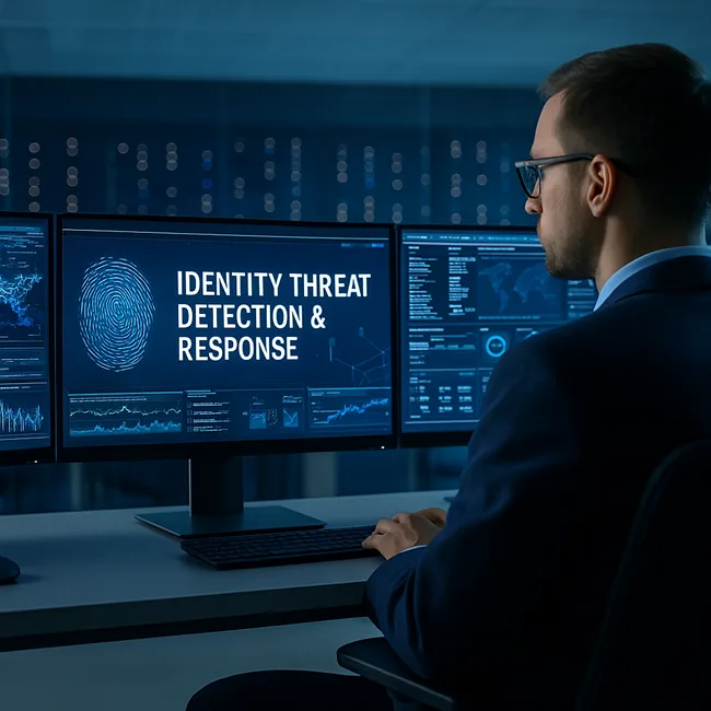 Representative image of a cybersecurity analyst monitoring ITDR dashboards in a modern operations center, analyzing SaaS identity anomalies and adaptive zero-trust enforcement alerts.