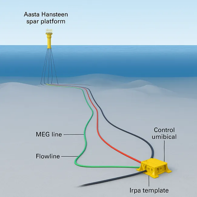 Illustration of the Irpa tie-back system connecting the subsea template to the Aasta Hansteen spar platform—showcasing flowline, MEG line, and control umbilical infrastructure redefining deepwater subsea economics in the Norwegian Sea.