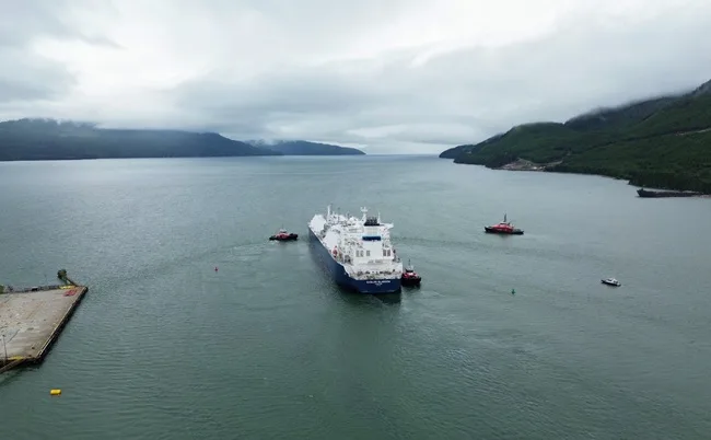 Image of LNG cargo vessel departing Kitimat terminal as Canada begins global exports