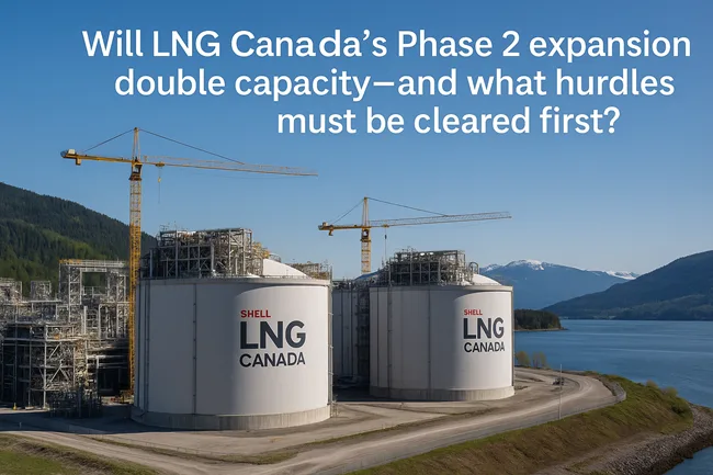 Representative image of Shell-operated LNG Canada’s Kitimat terminal, where Phase 2 expansion plans aim to double export capacity amid regulatory and energy market scrutiny.