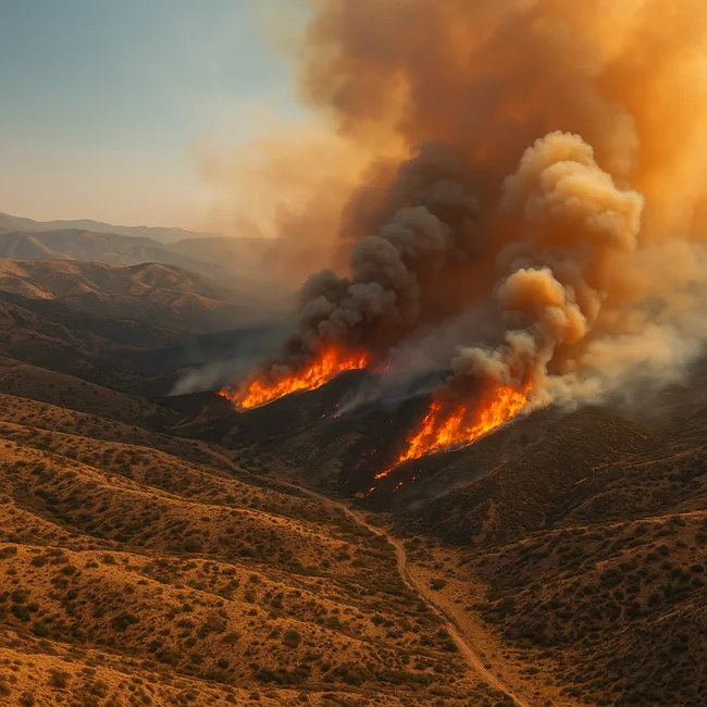 Representative image: Aerial view of the Madre Fire burning near Highway 166 in San Luis Obispo County, July 2025. The wildfire has grown into California’s largest this year, with smoke impacting multiple counties.