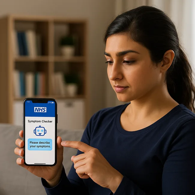 Representative image of an NHS patient using an AI-powered symptom checker within the NHS App, reflecting the digital triage features expected in 2025.