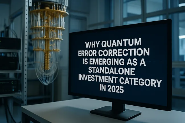 A quantum computing lab setup featuring a suspended quantum processor and a display highlighting the rise of error correction startups like QEDMA and Riverlane as standalone investment targets in 2025.