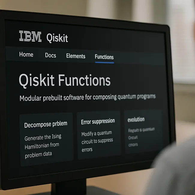 A user views IBM’s Qiskit Functions interface on screen, reflecting how startups like QEDMA are integrating modular quantum tools for enterprise deployment.