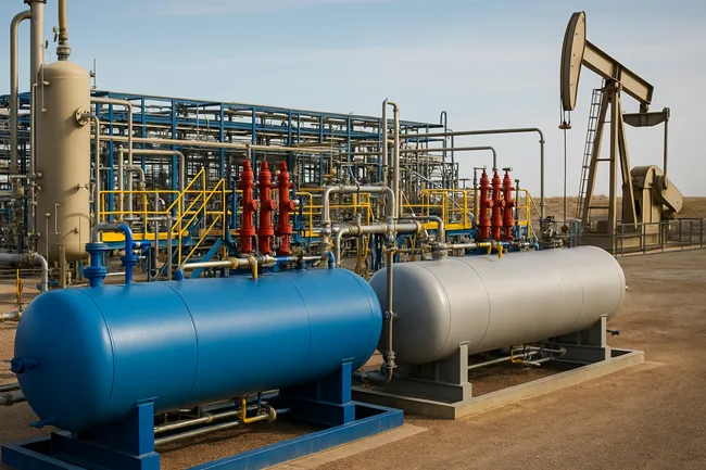 Representative image of SLB and ChampionX production systems, showcasing integrated chemical processing tanks and artificial lift equipment at an oilfield site.