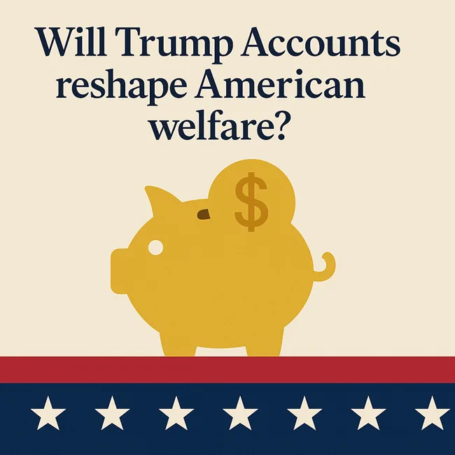 A golden piggy bank symbolizes the Trump Account initiative—seeded at $1,000 per newborn—as part of a broader shift in U.S. welfare under the One Big Beautiful Bill.